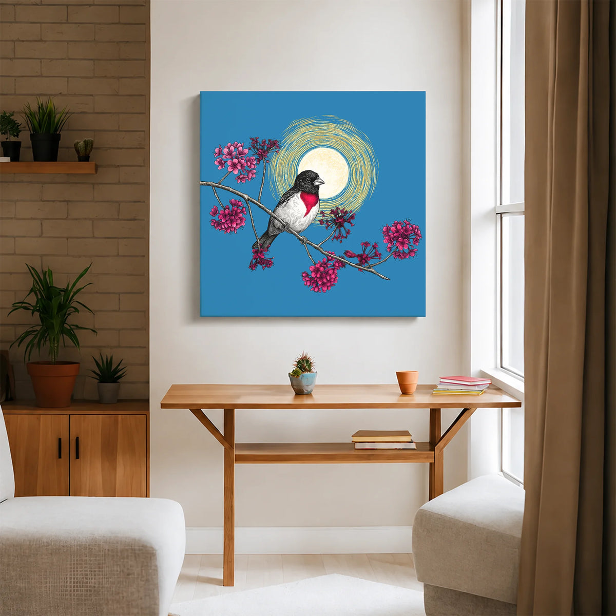 Grosbeak Under Forest's Moonlight Canvas Print