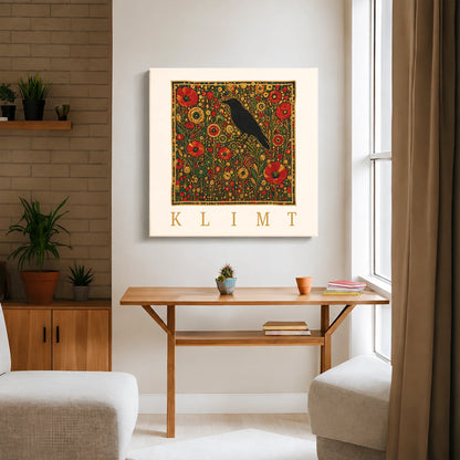 Klimt Raven In Flower Filed Canvas Print