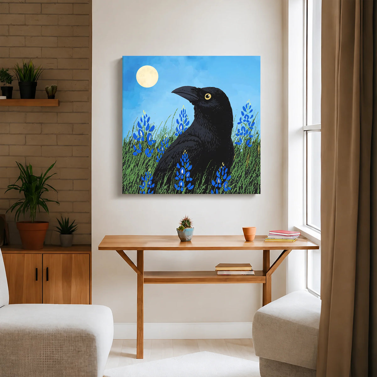 Moonlit Raven & Bluebonnets Canvas Print