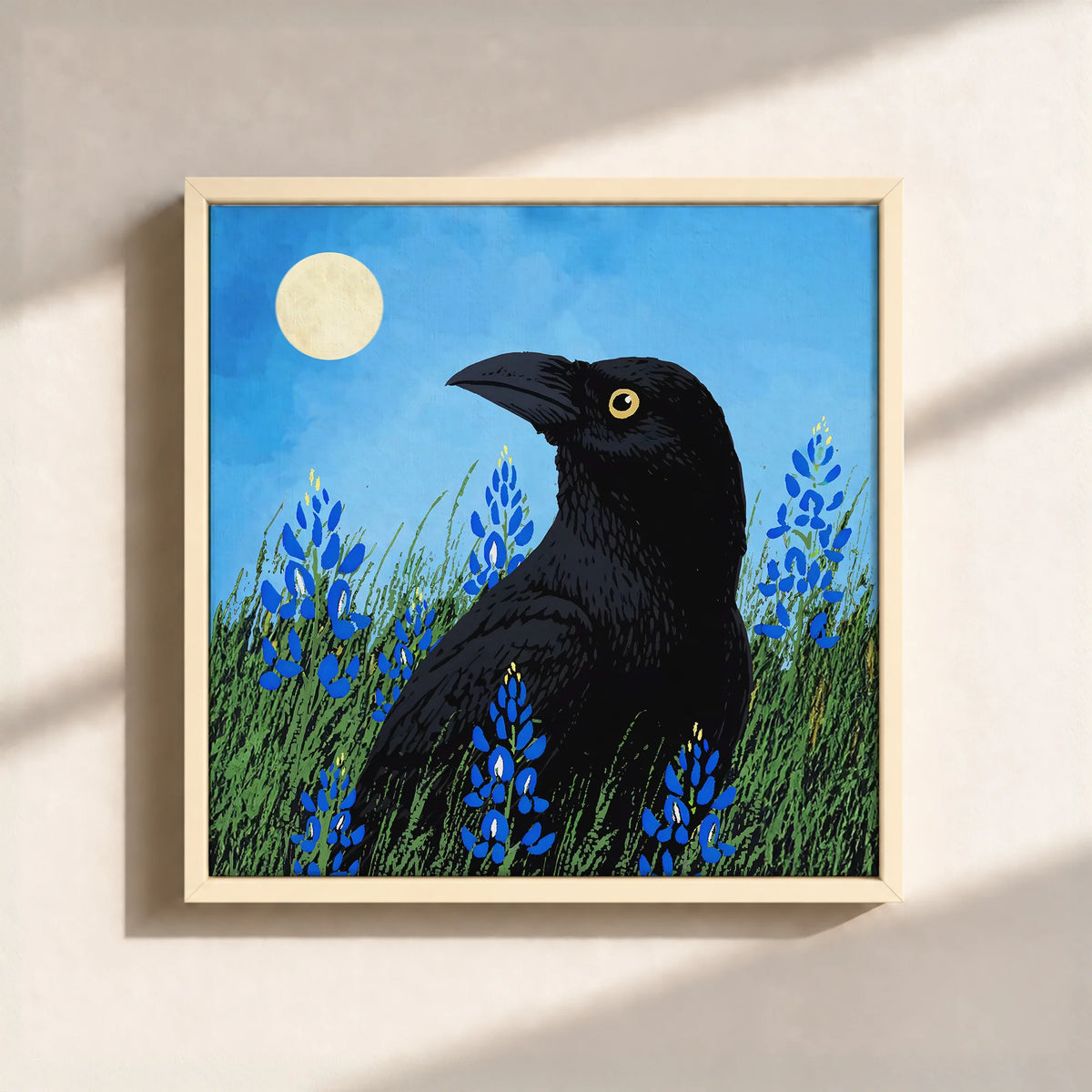 Moonlit Raven & Bluebonnets Canvas Print (Framed)