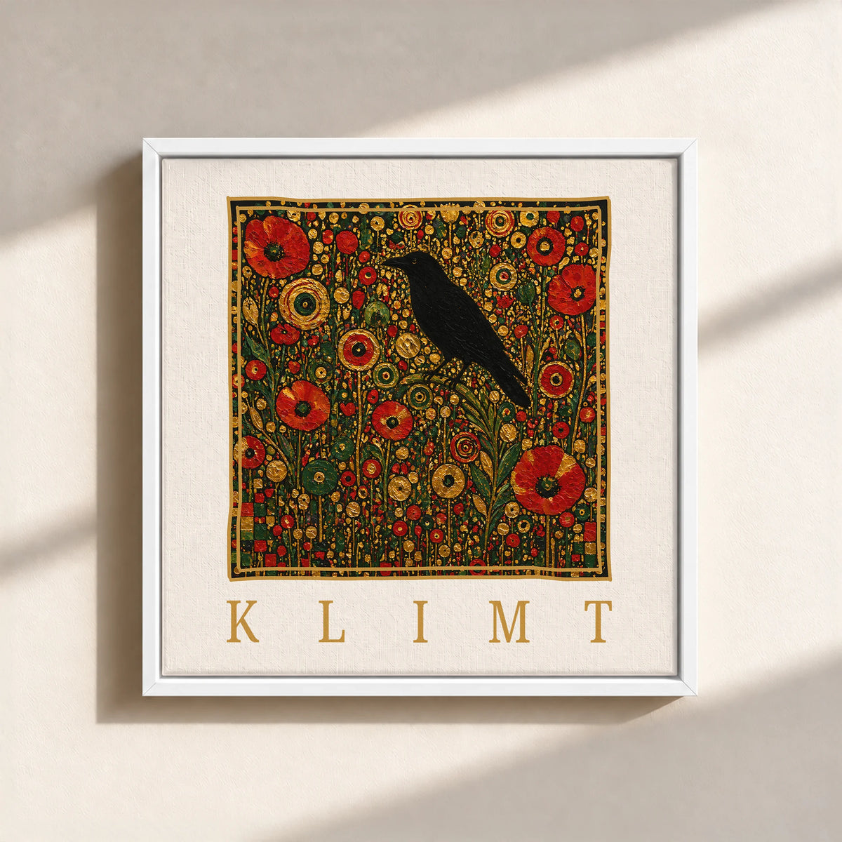 Klimt Raven In Flower Filed Canvas Print (Framed)
