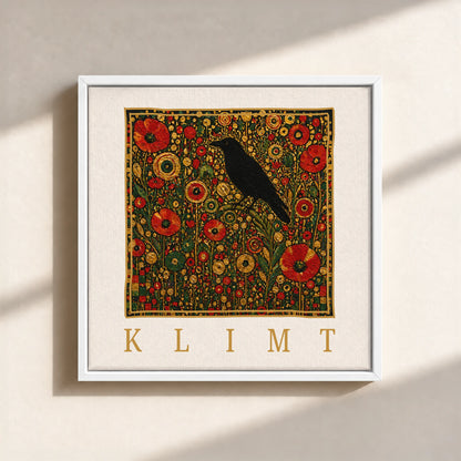 Klimt Raven In Flower Filed Canvas Print (Framed)