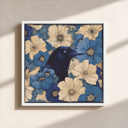 Raven In Flower Field Canvas Print (Framed)