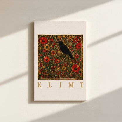 Klimt Raven In Flower Filed Canvas Print