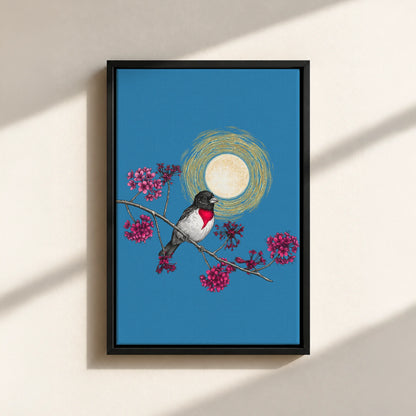 Grosbeak Under Forest's Moonlight Canvas Print (Framed)