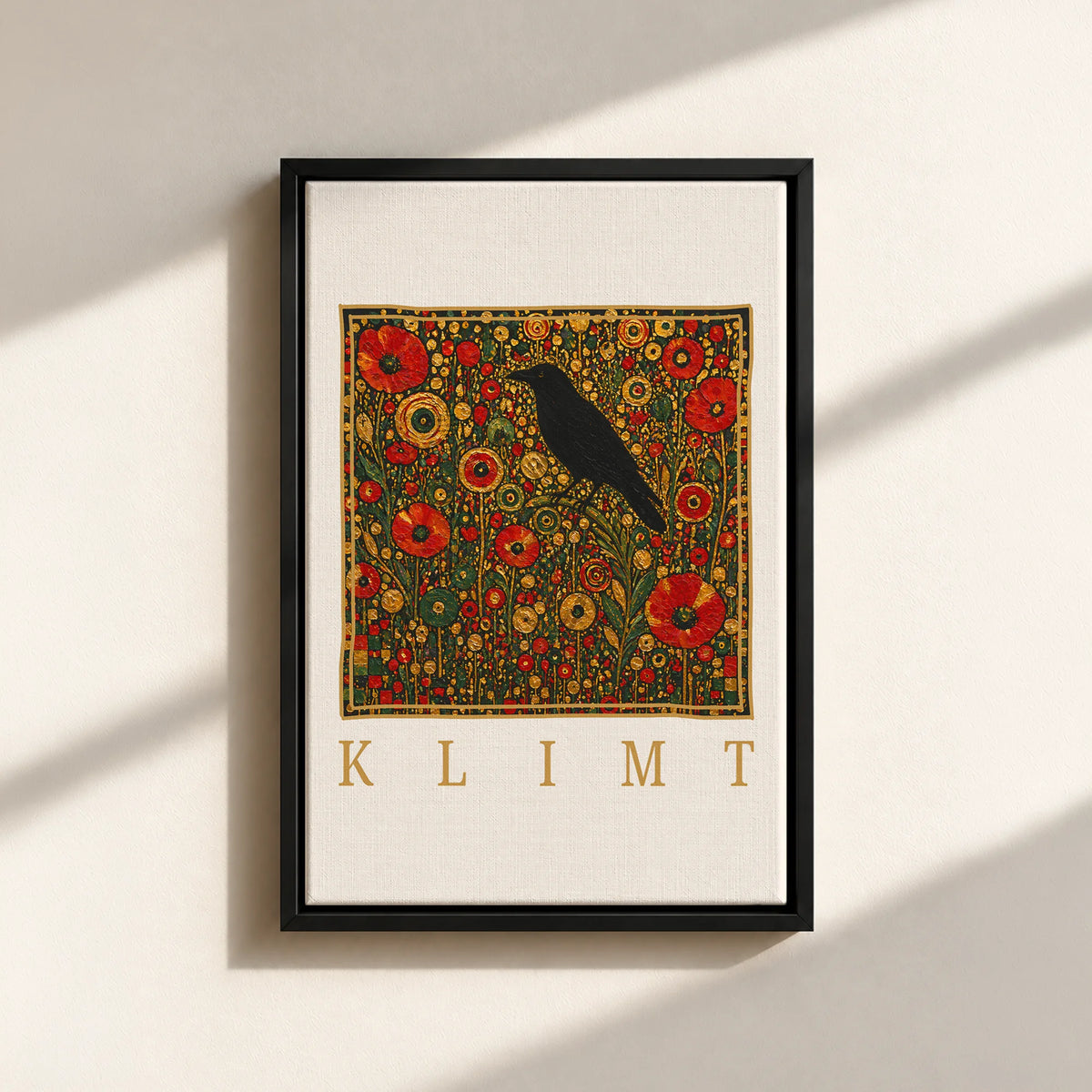 Klimt Raven In Flower Filed Canvas Print (Framed)
