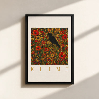 Klimt Raven In Flower Filed Canvas Print (Framed)