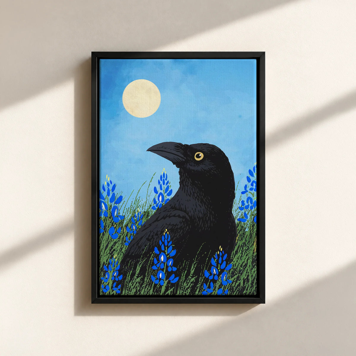 Moonlit Raven & Bluebonnets Canvas Print (Framed)