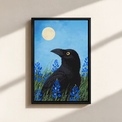Moonlit Raven & Bluebonnets Canvas Print (Framed)