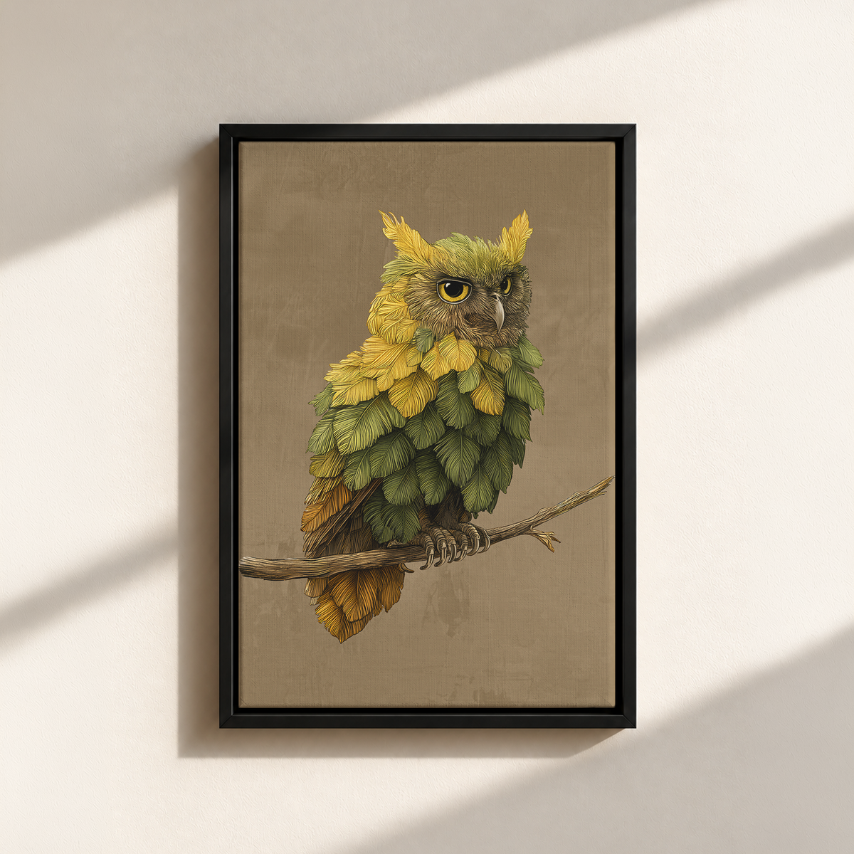 Owl Made By Leaves Canvas Print (Framed)