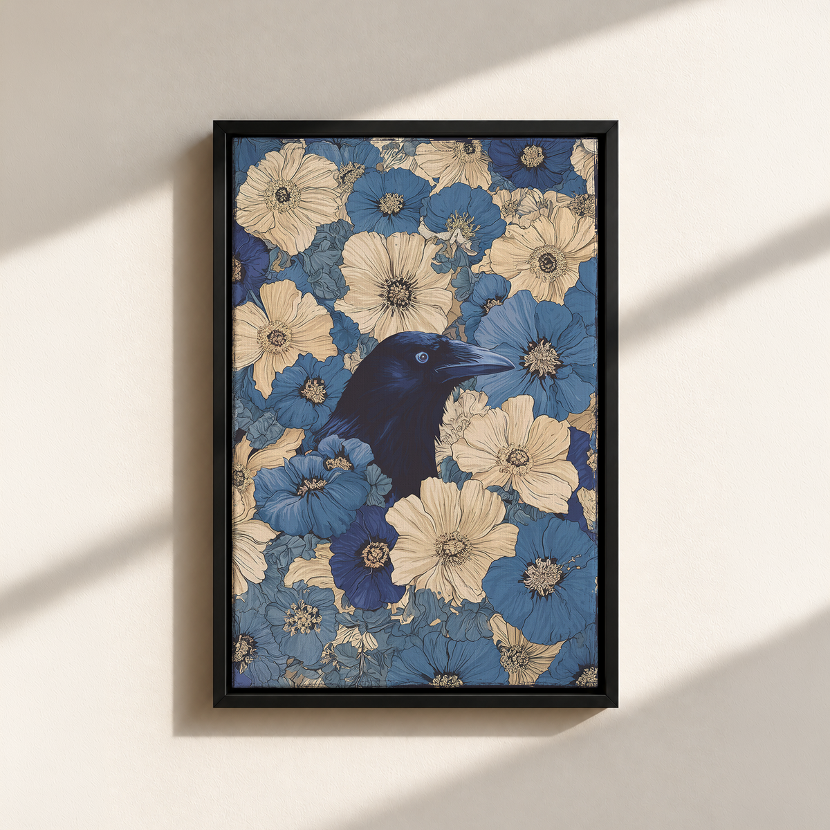 Raven In Flower Field Canvas Print (Framed)