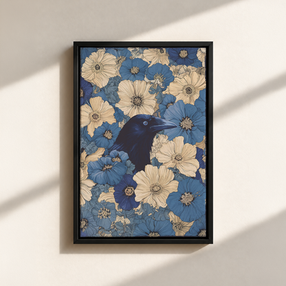 Raven In Flower Field Canvas Print (Framed)
