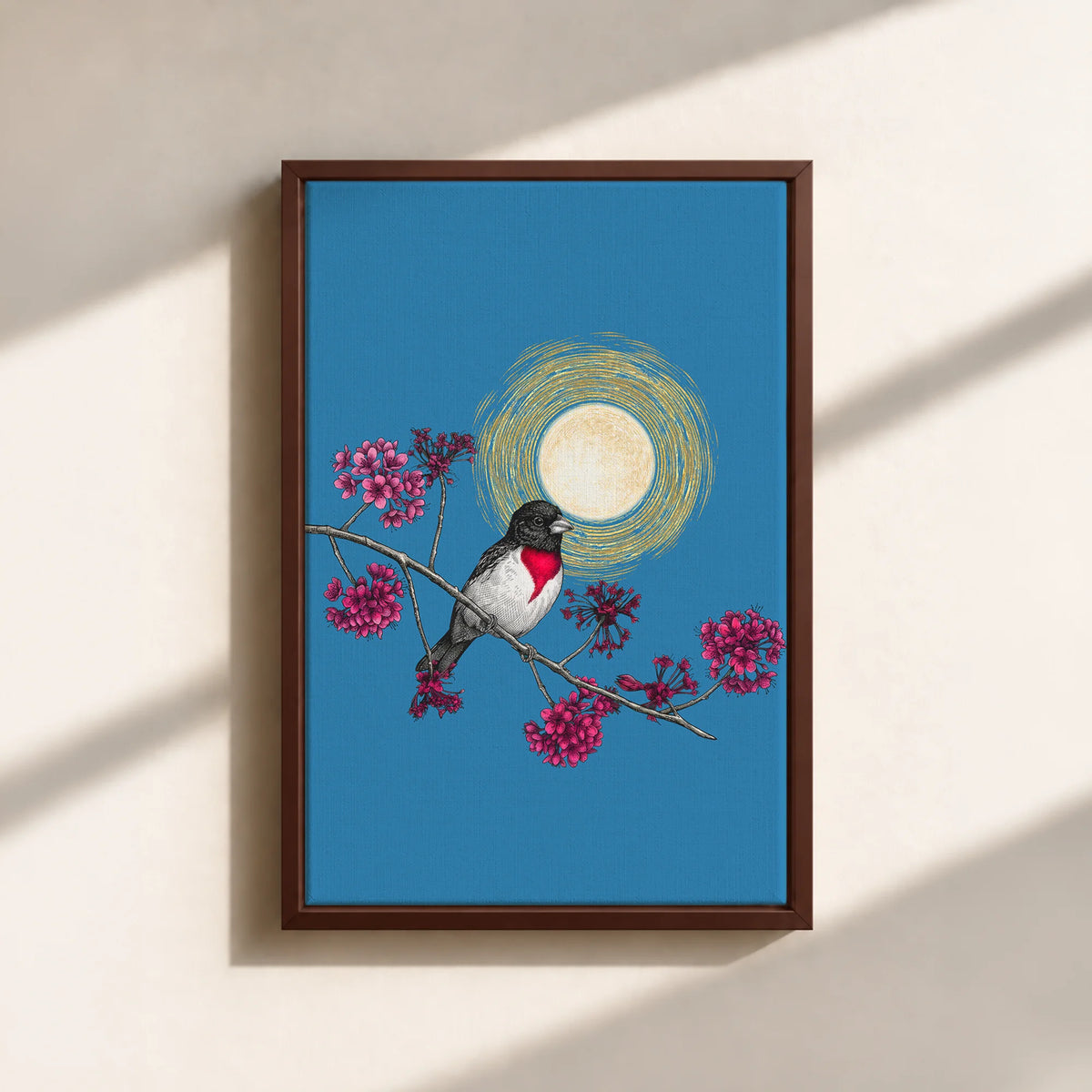 Grosbeak Under Forest's Moonlight Canvas Print (Framed)