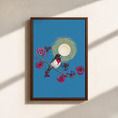 Grosbeak Under Forest's Moonlight Canvas Print (Framed)