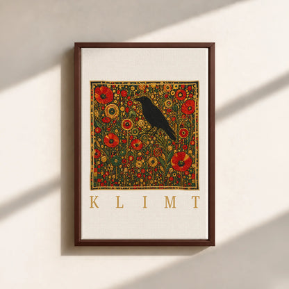 Klimt Raven In Flower Filed Canvas Print (Framed)