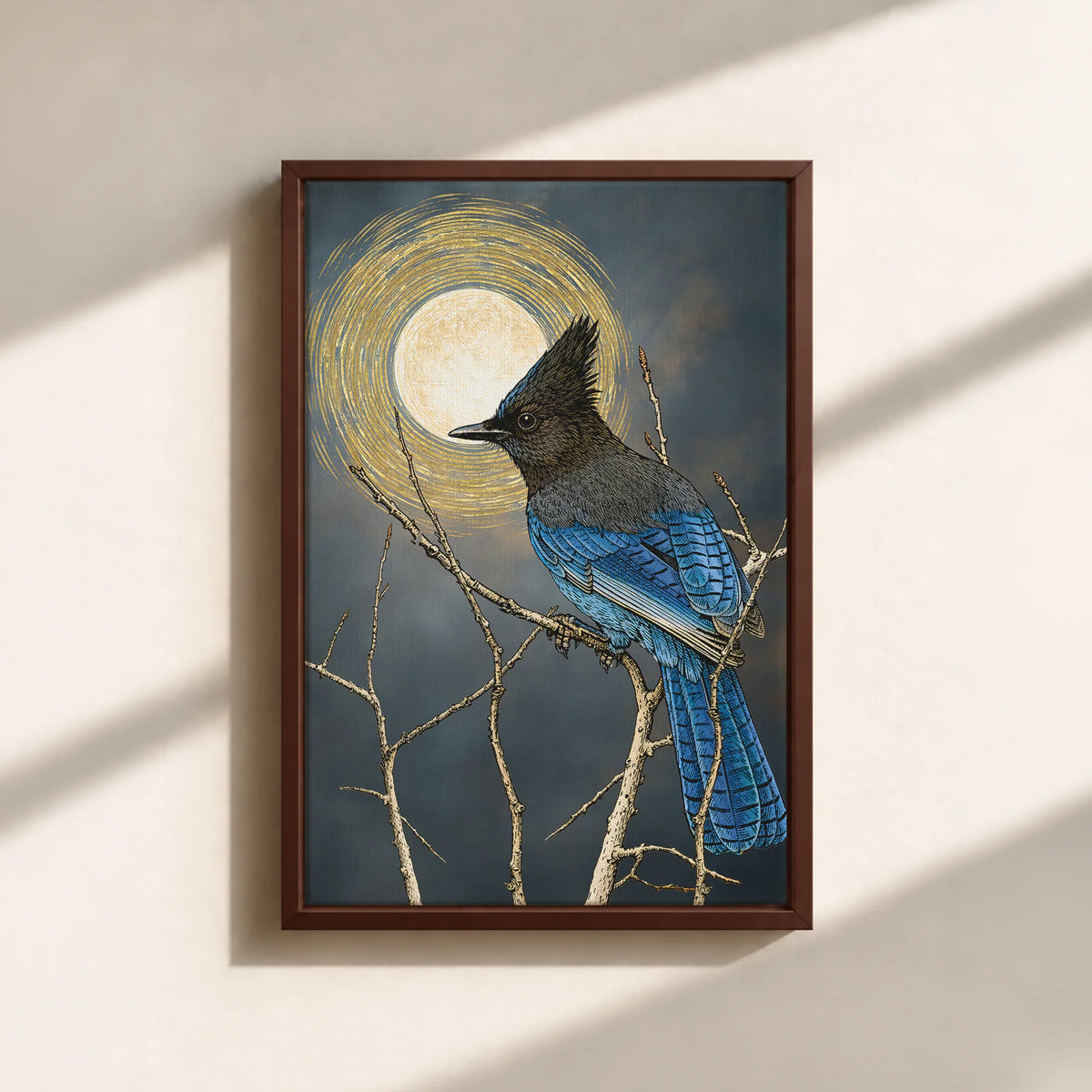 Steller's Jay Under Forest Moonlight Framed Canvas Print