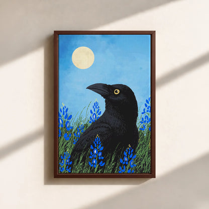Moonlit Raven & Bluebonnets Canvas Print (Framed)