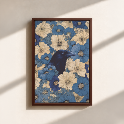 Raven In Flower Field Canvas Print (Framed)