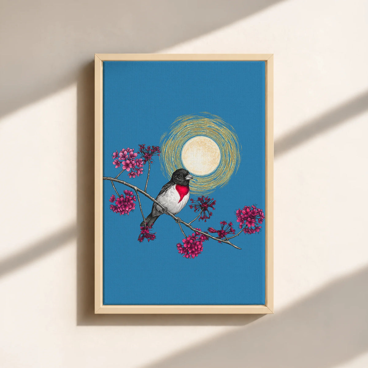 Grosbeak Under Forest's Moonlight Canvas Print (Framed)