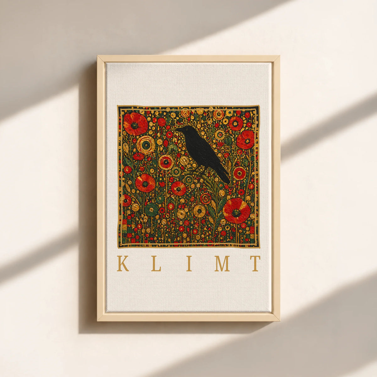 Klimt Raven In Flower Filed Canvas Print (Framed)