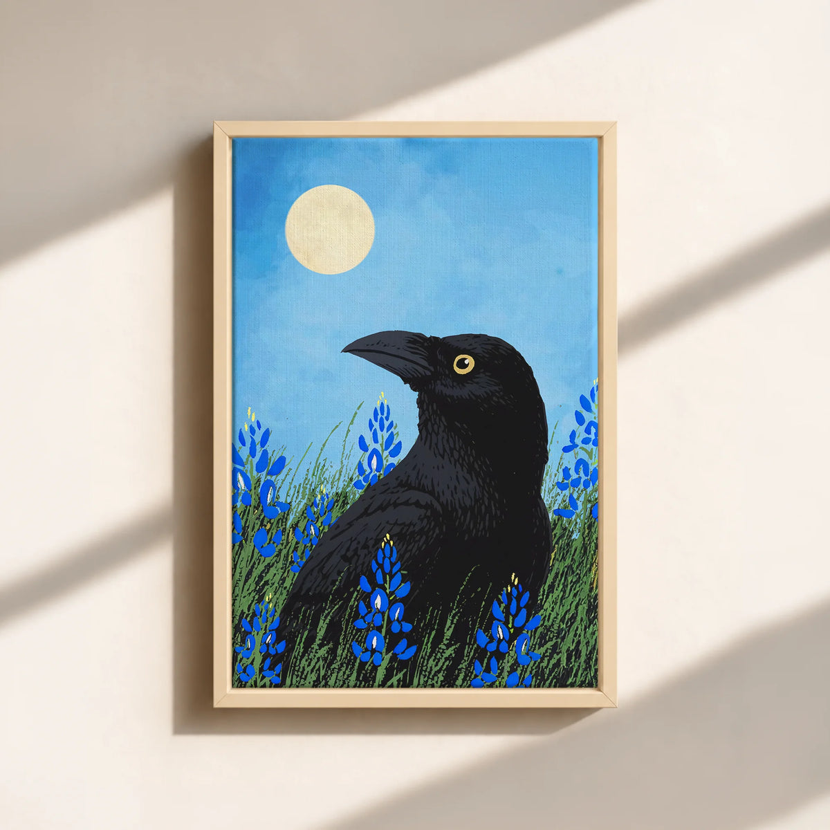 Moonlit Raven & Bluebonnets Canvas Print (Framed)
