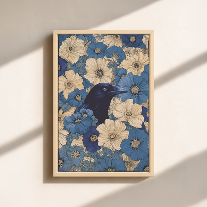 Raven In Flower Field Canvas Print (Framed)