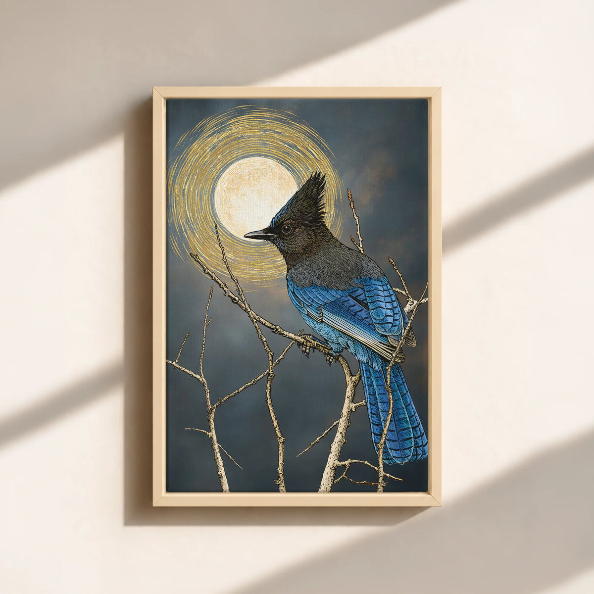 Steller's Jay Under Forest Moonlight Framed Canvas Print