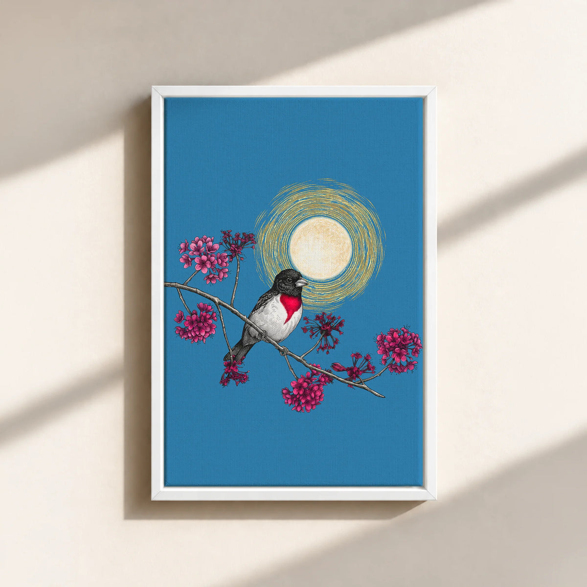 Grosbeak Under Forest's Moonlight Canvas Print (Framed)