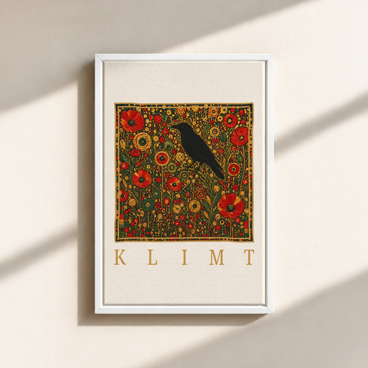 Klimt Raven In Flower Filed Canvas Print (Framed)