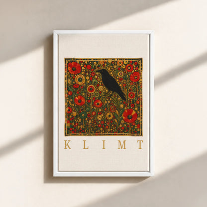 Klimt Raven In Flower Filed Canvas Print (Framed)