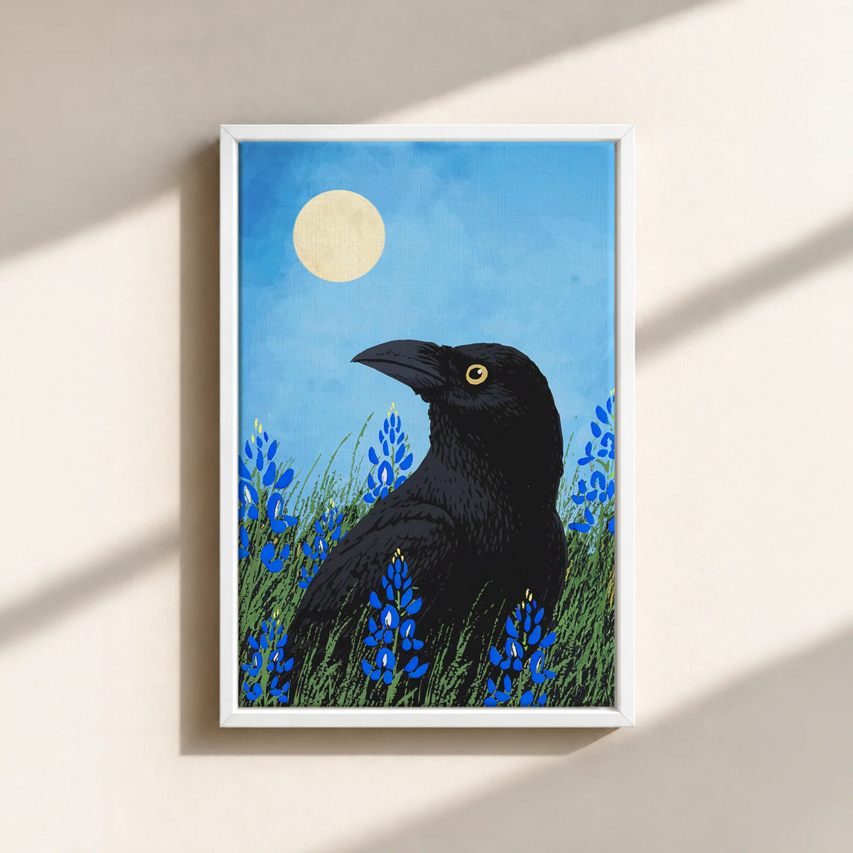 Moonlit Raven & Bluebonnets Canvas Print (Framed)