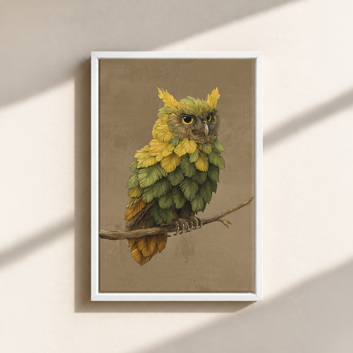 Owl Made By Leaves Canvas Print (Framed)