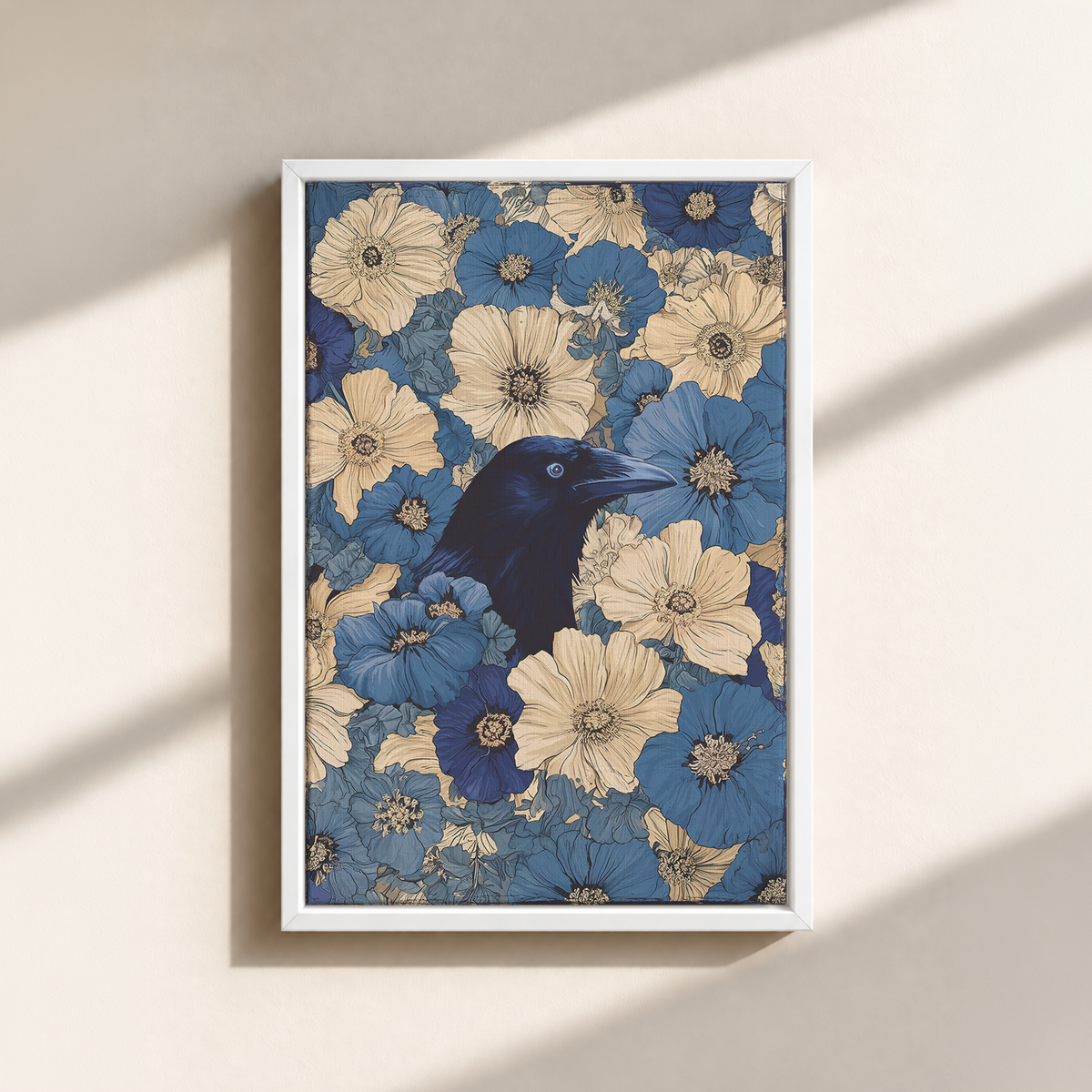 Raven In Flower Field Canvas Print (Framed)