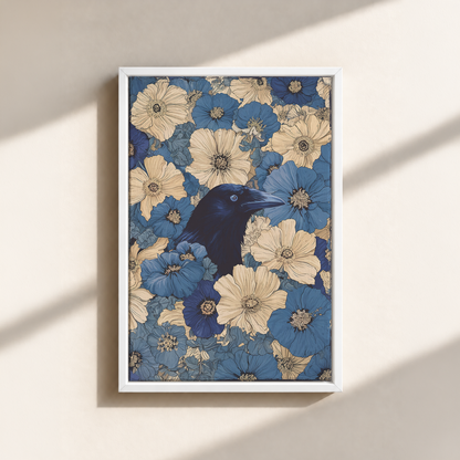 Raven In Flower Field Canvas Print (Framed)