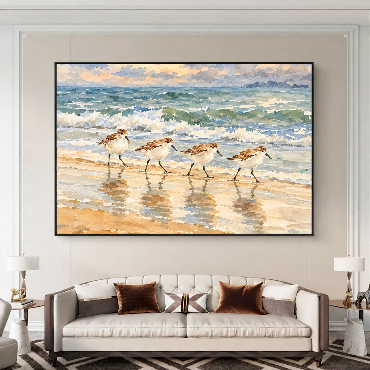 Sandpipers By The Shore Framed Canvas Print