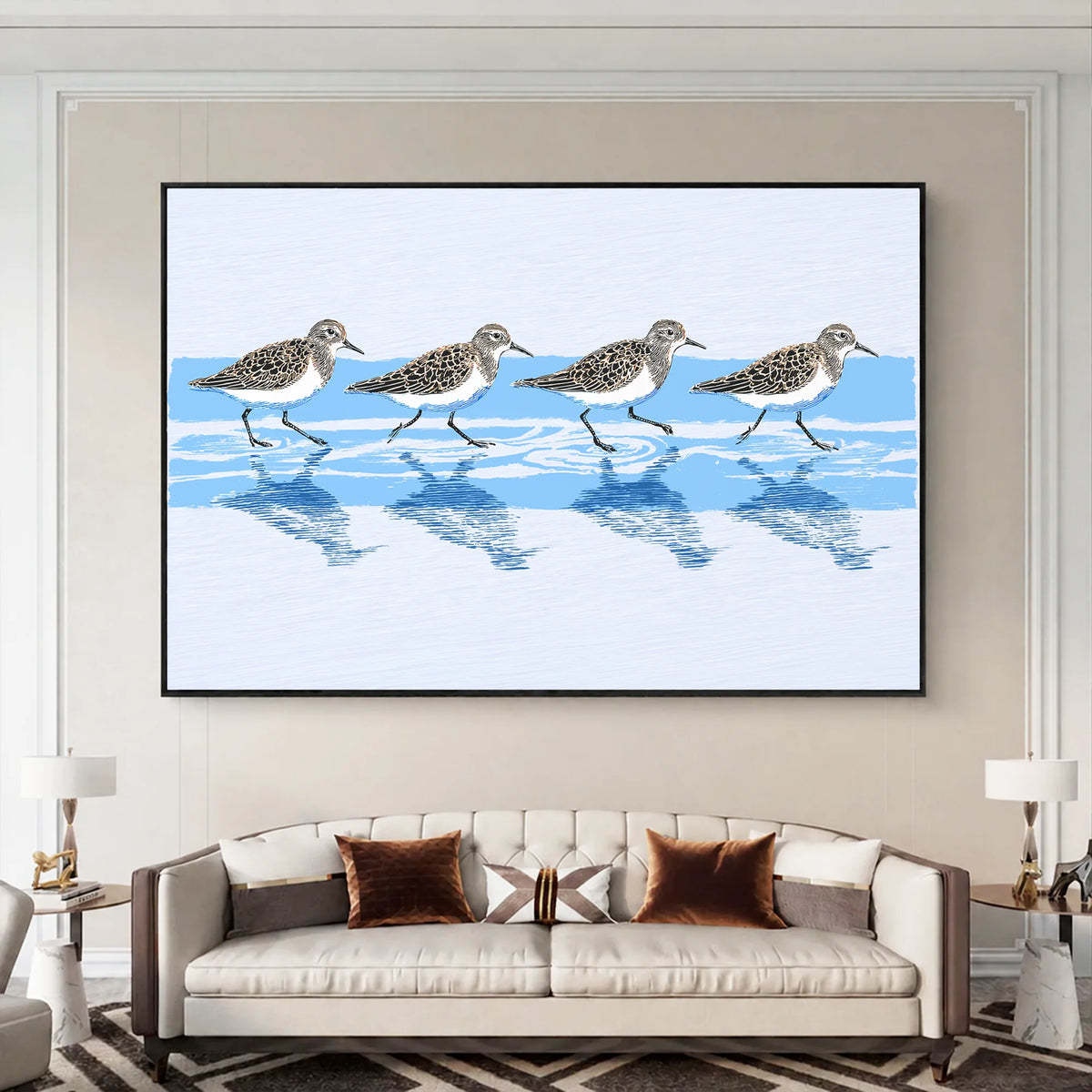 Tidewalking Sandpipers Framed Canvas Print
