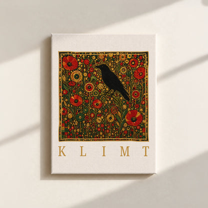 Klimt Raven In Flower Filed Canvas Print