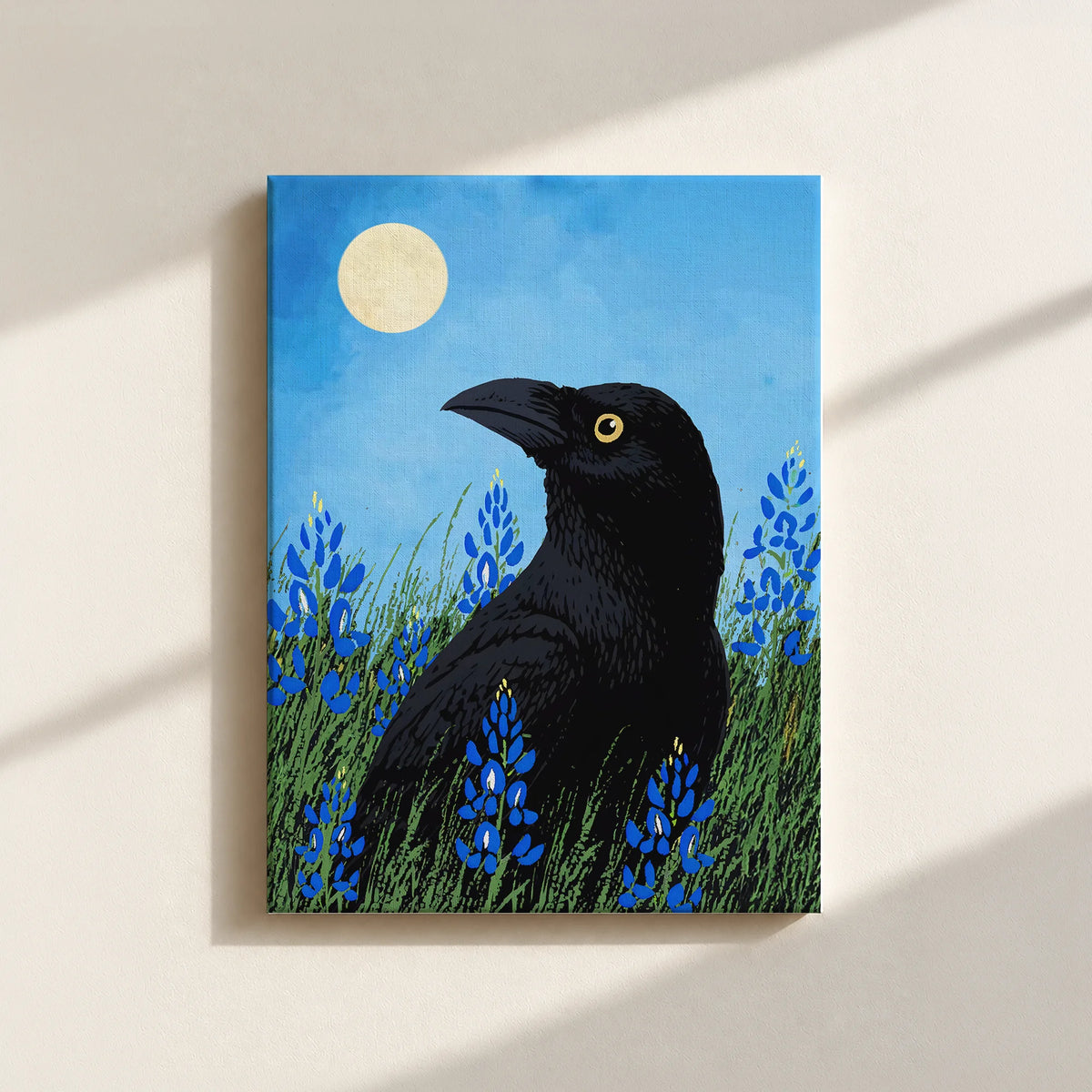 Moonlit Raven & Bluebonnets Canvas Print