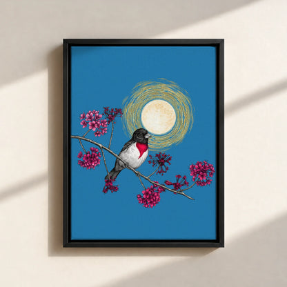 Grosbeak Under Forest's Moonlight Canvas Print (Framed)
