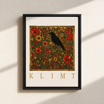 Klimt Raven In Flower Filed Canvas Print (Framed)