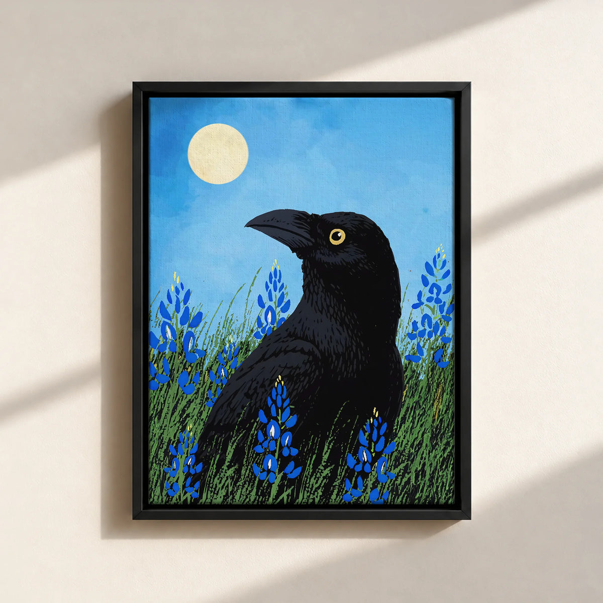 Moonlit Raven & Bluebonnets Canvas Print (Framed)