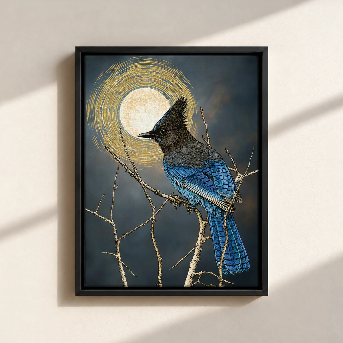 Steller's Jay Under Forest Moonlight Framed Canvas Print