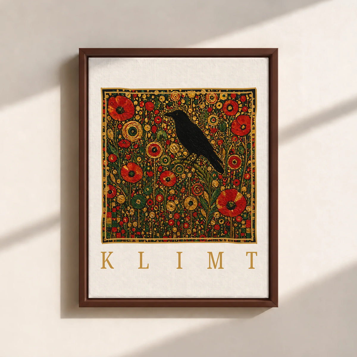 Klimt Raven In Flower Filed Canvas Print (Framed)