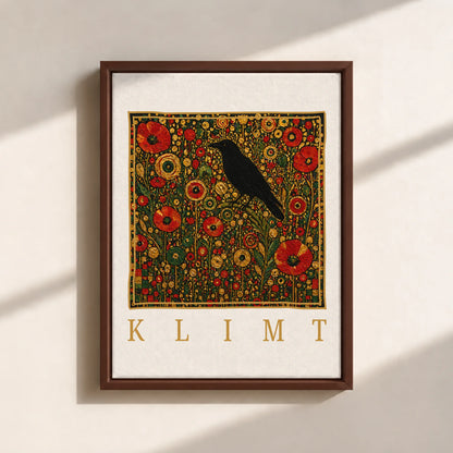 Klimt Raven In Flower Filed Canvas Print (Framed)