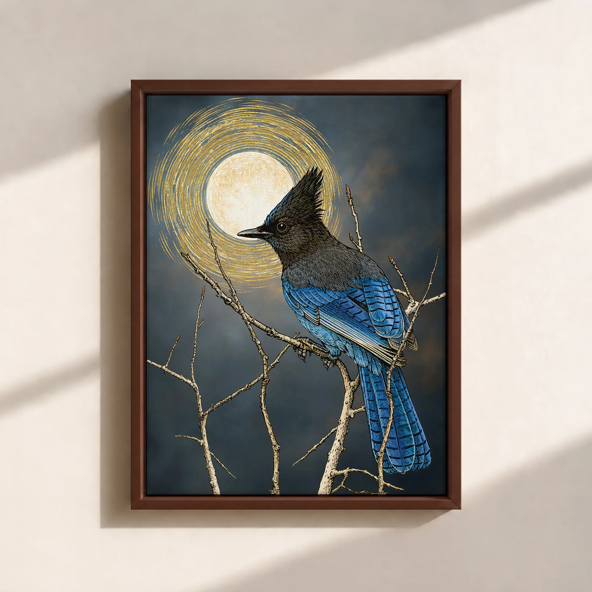 Steller's Jay Under Forest Moonlight Framed Canvas Print