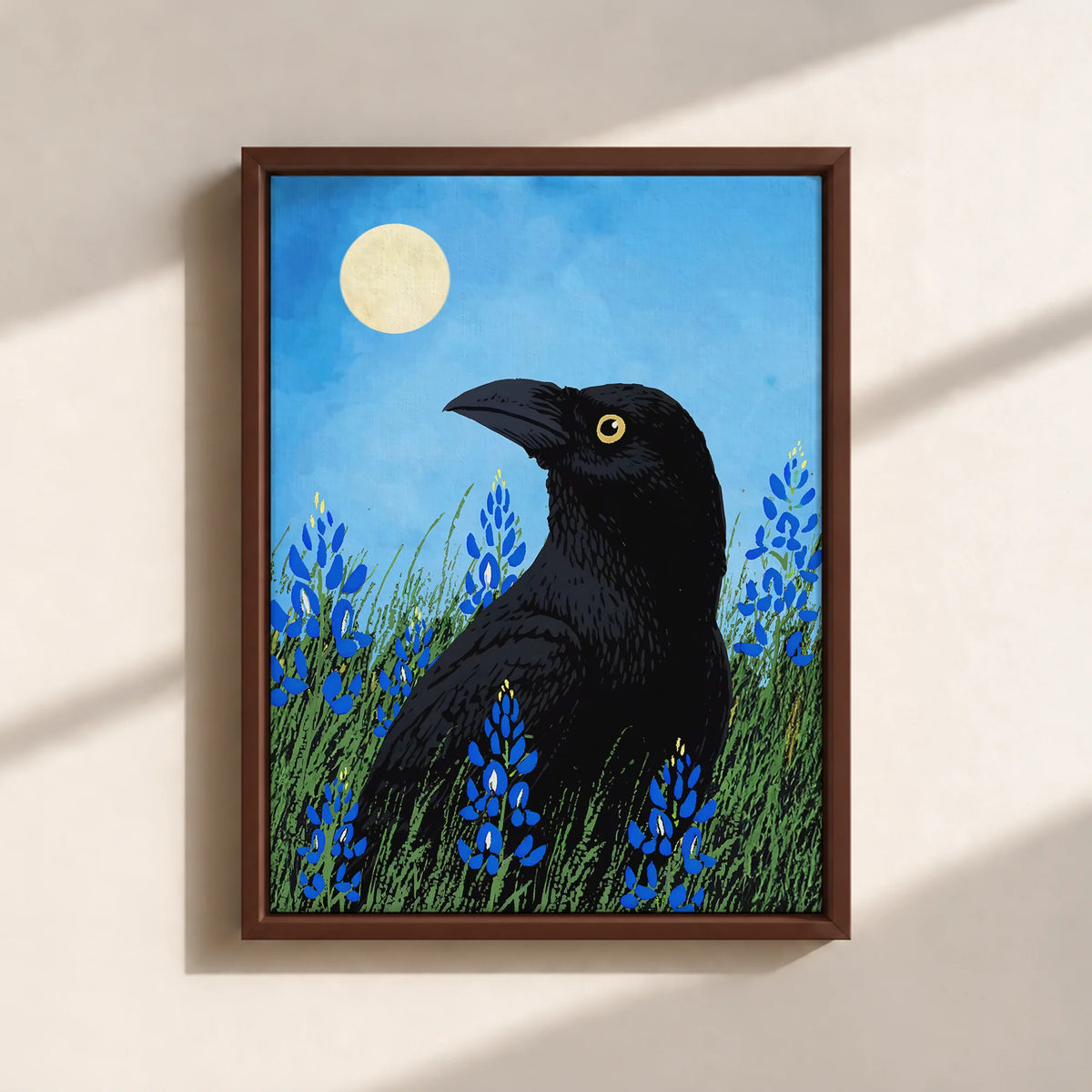 Moonlit Raven & Bluebonnets Canvas Print (Framed)
