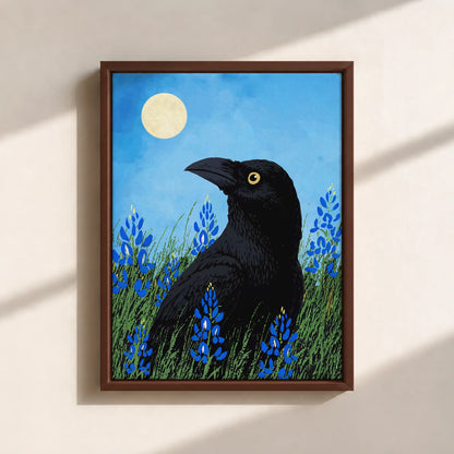 Moonlit Raven & Bluebonnets Canvas Print (Framed)