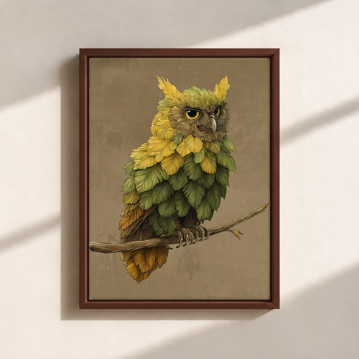 Owl Made By Leaves Canvas Print (Framed)