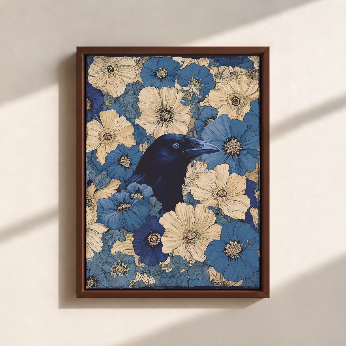 Raven In Flower Field Canvas Print (Framed)