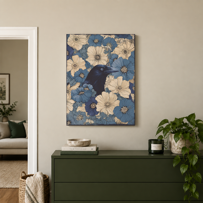 Raven In Flower Field Canvas Print